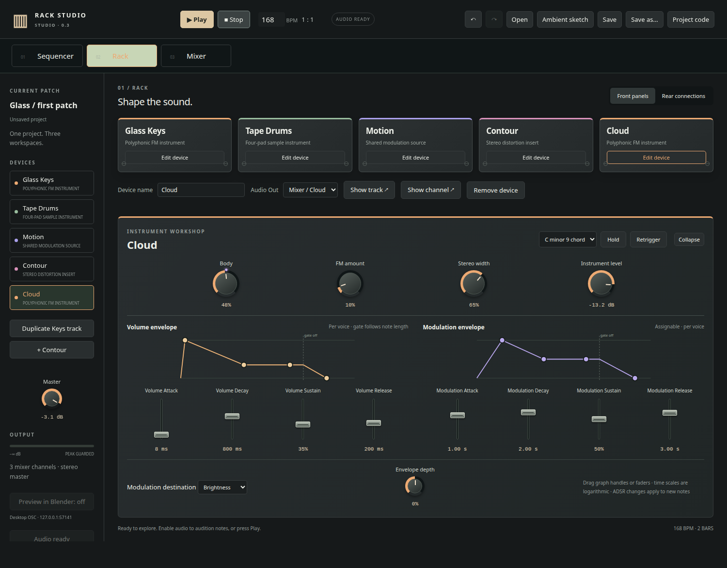 Generant rack view showing instruments and controls